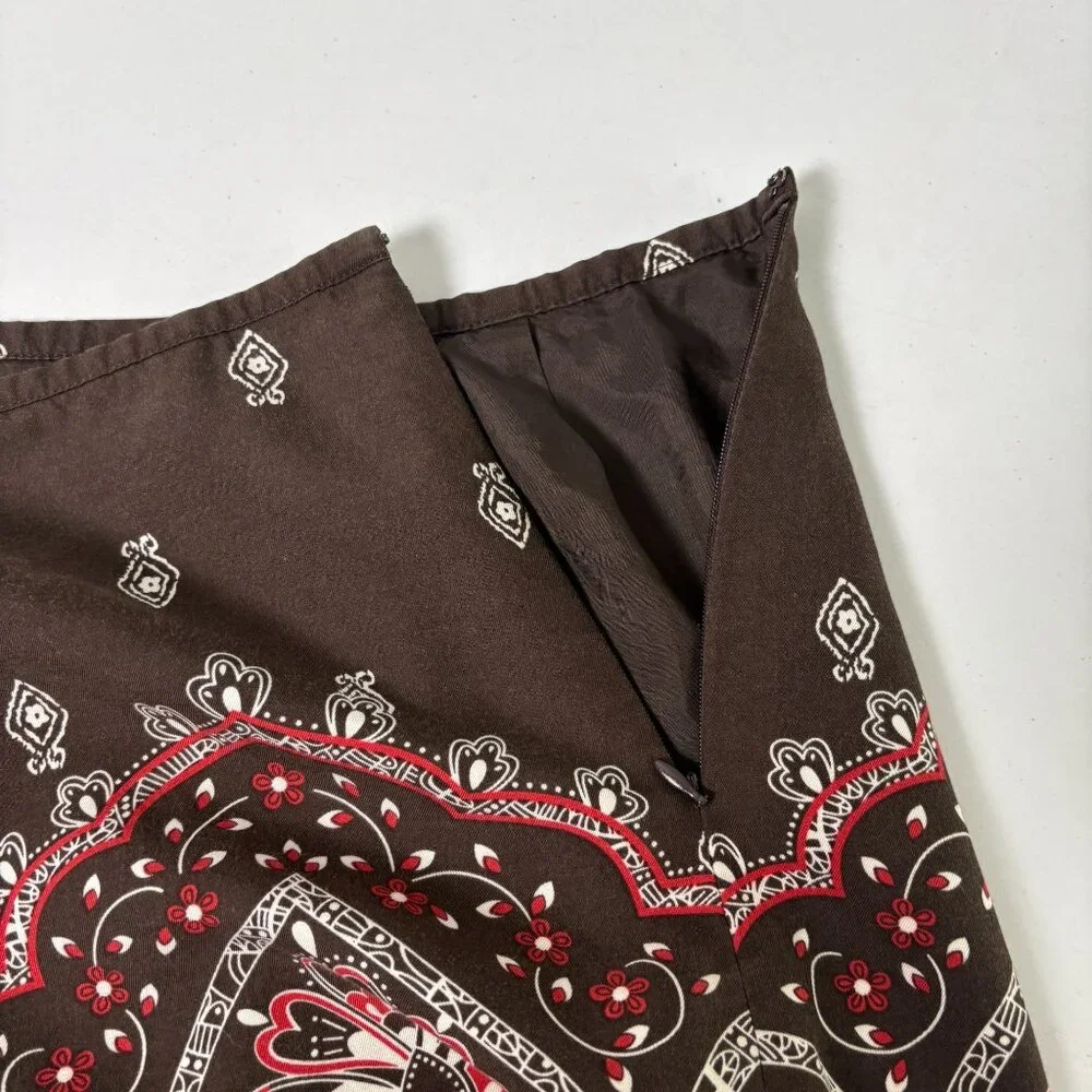 Ann Taylor Loft‎ A Line Skirt Size 10 Brown Red Bandana Print Lined Silk Blend